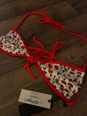 Ed Hardy Red & White Cherry Print Triangle Bikini Top